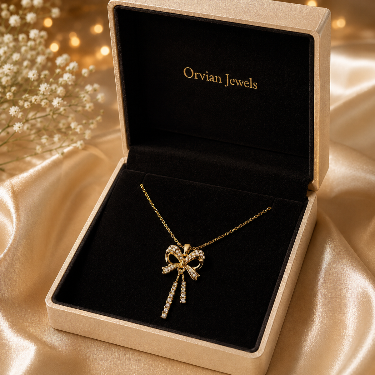 Modern Crystal Ribbon Bow Tassel Necklace GWN -91