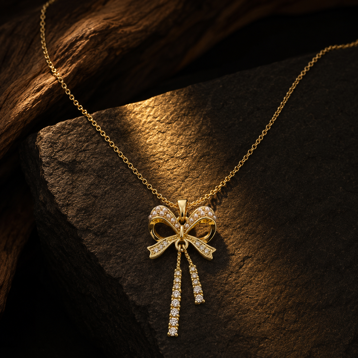 Modern Crystal Ribbon Bow Tassel Necklace GWN -91