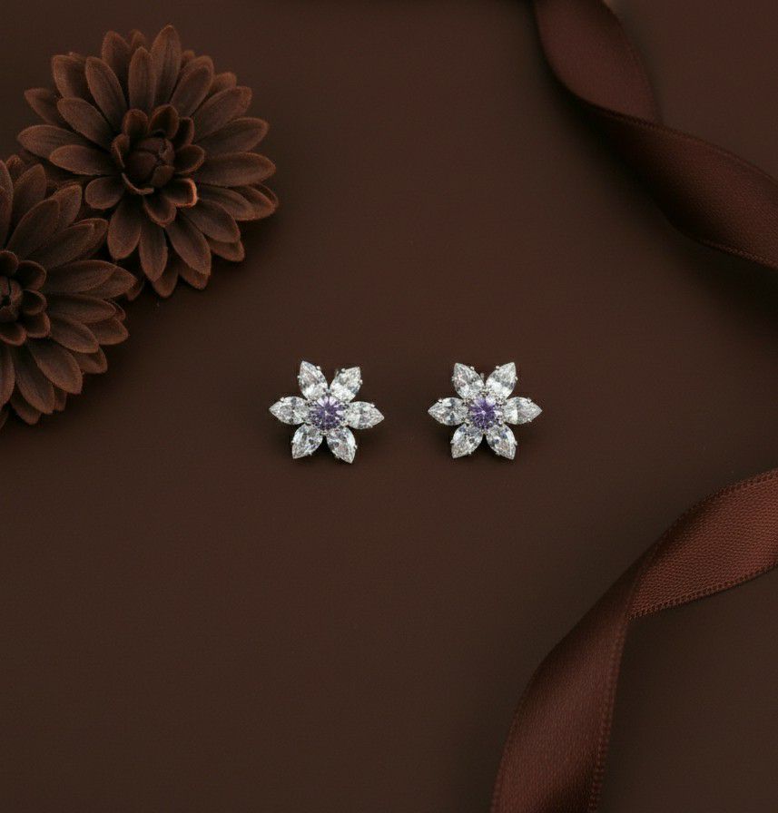 Silver Plated Flower Stud Earrings for Women | American Diamond Daily Wear Earrings | Brass & Steel Jewellery | EA-13