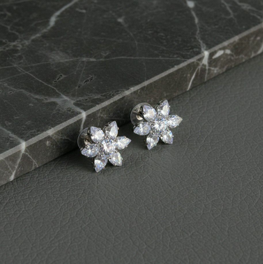 Silver Plated Flower Stud Earrings for Women | American Diamond Daily Wear Earrings | Brass & Steel Jewellery | EA-13