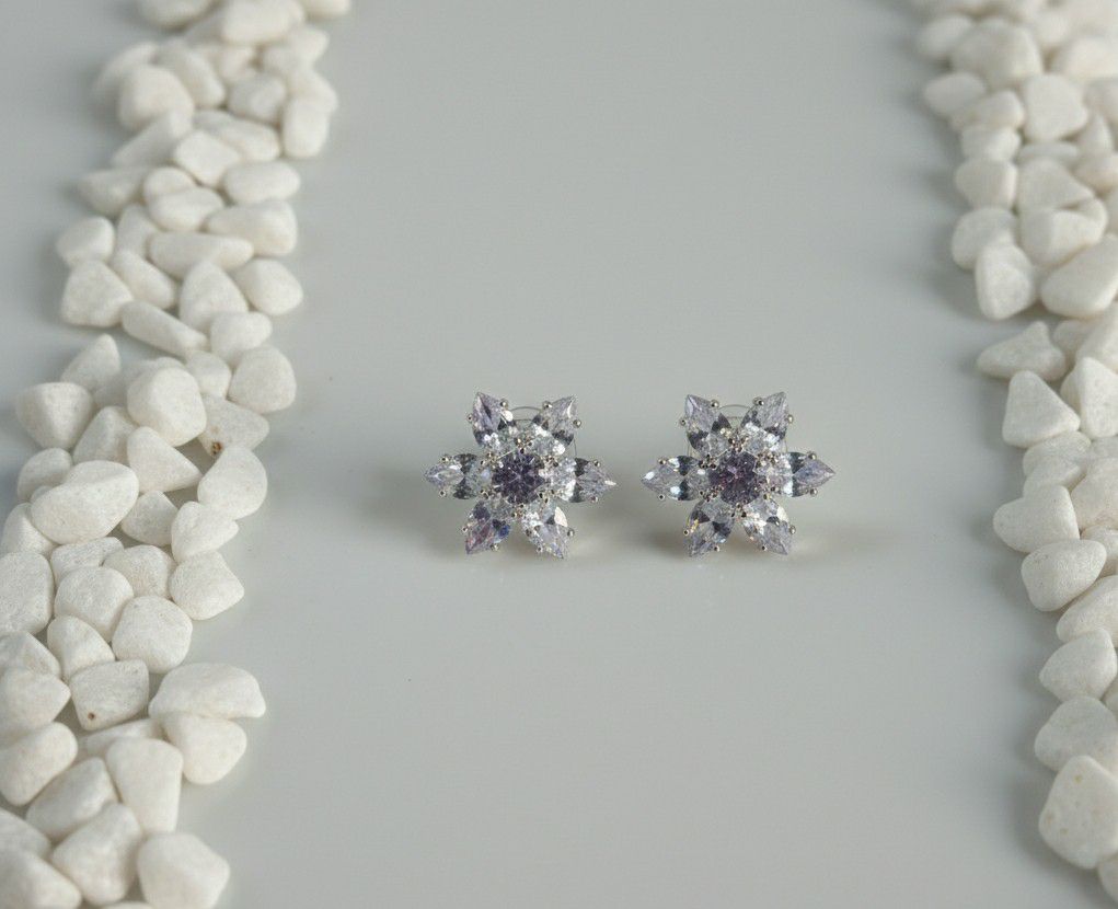 Silver Plated Flower Stud Earrings for Women | American Diamond Daily Wear Earrings | Brass & Steel Jewellery | EA-13