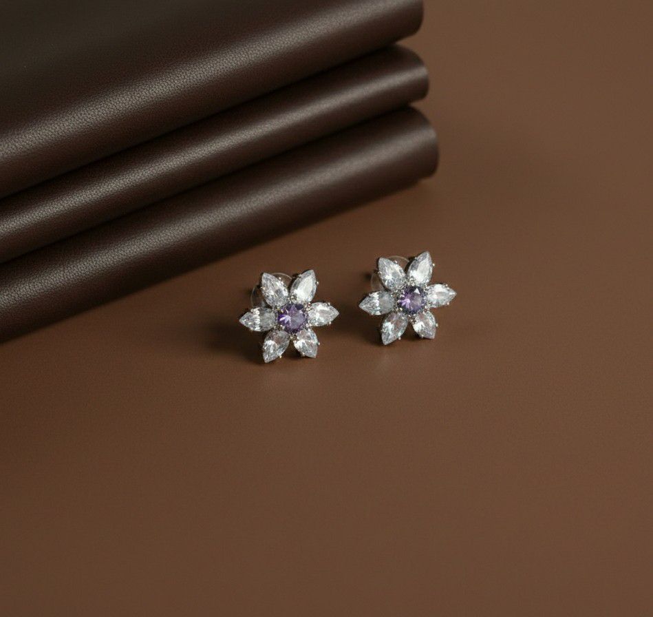 Silver Plated Flower Stud Earrings for Women | American Diamond Daily Wear Earrings | Brass & Steel Jewellery | EA-13