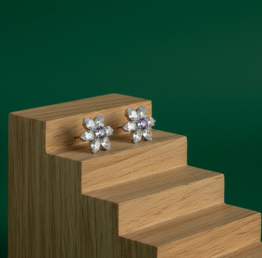 Silver Plated Flower Stud Earrings for Women | American Diamond Daily Wear Earrings | Brass & Steel Jewellery | EA-13
