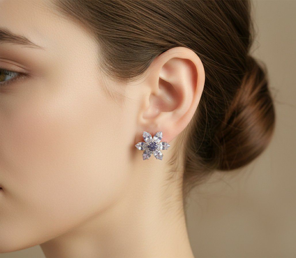 Silver Plated Flower Stud Earrings for Women | American Diamond Daily Wear Earrings | Brass & Steel Jewellery | EA-13