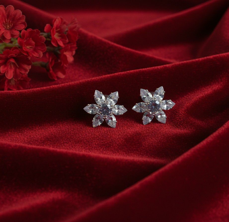 Silver Plated Flower Stud Earrings for Women | American Diamond Daily Wear Earrings | Brass & Steel Jewellery | EA-13
