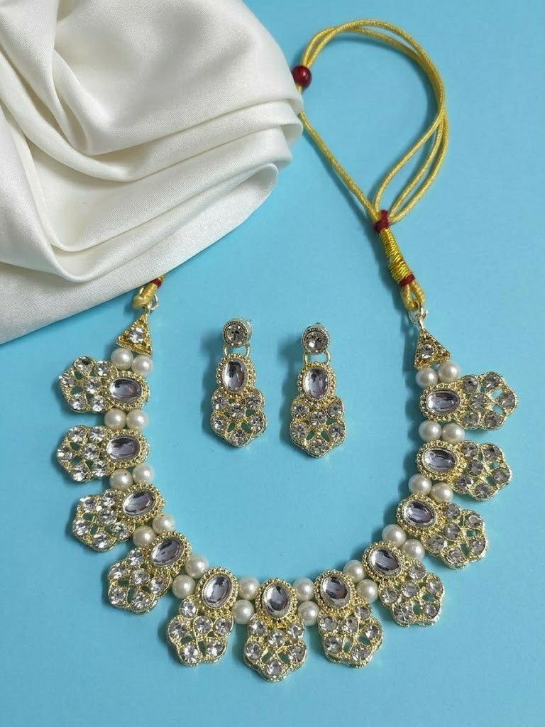 Matte Gold Plated American Diamond Bridal Necklace Set for Women | Adjustable Big Necklace with Earrings | Traditional Wedding Jewellery | N-14