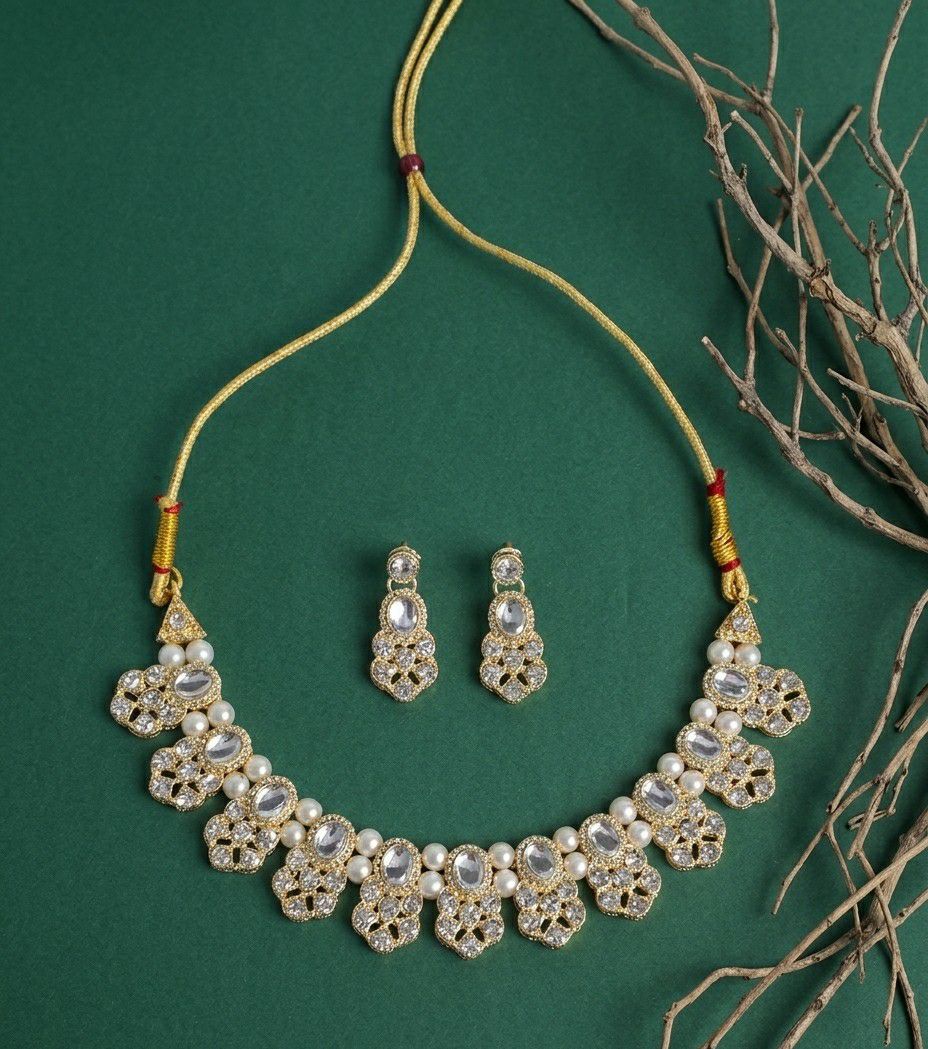 Matte Gold Plated American Diamond Bridal Necklace Set for Women | Adjustable Big Necklace with Earrings | Traditional Wedding Jewellery | N-14