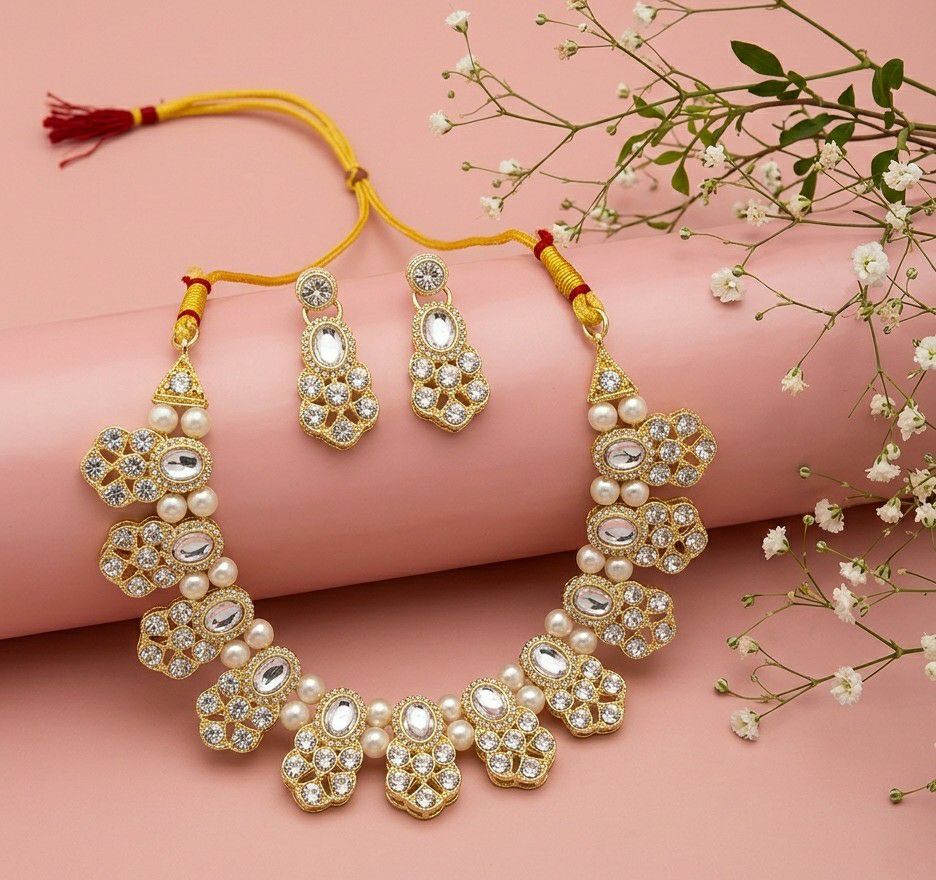 Matte Gold Plated American Diamond Bridal Necklace Set for Women | Adjustable Big Necklace with Earrings | Traditional Wedding Jewellery | N-14