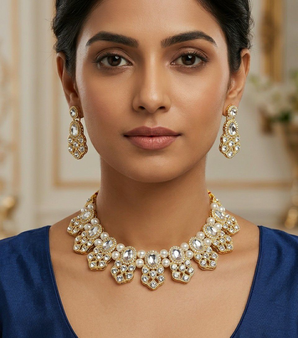 Matte Gold Plated American Diamond Bridal Necklace Set for Women | Adjustable Big Necklace with Earrings | Traditional Wedding Jewellery | N-14