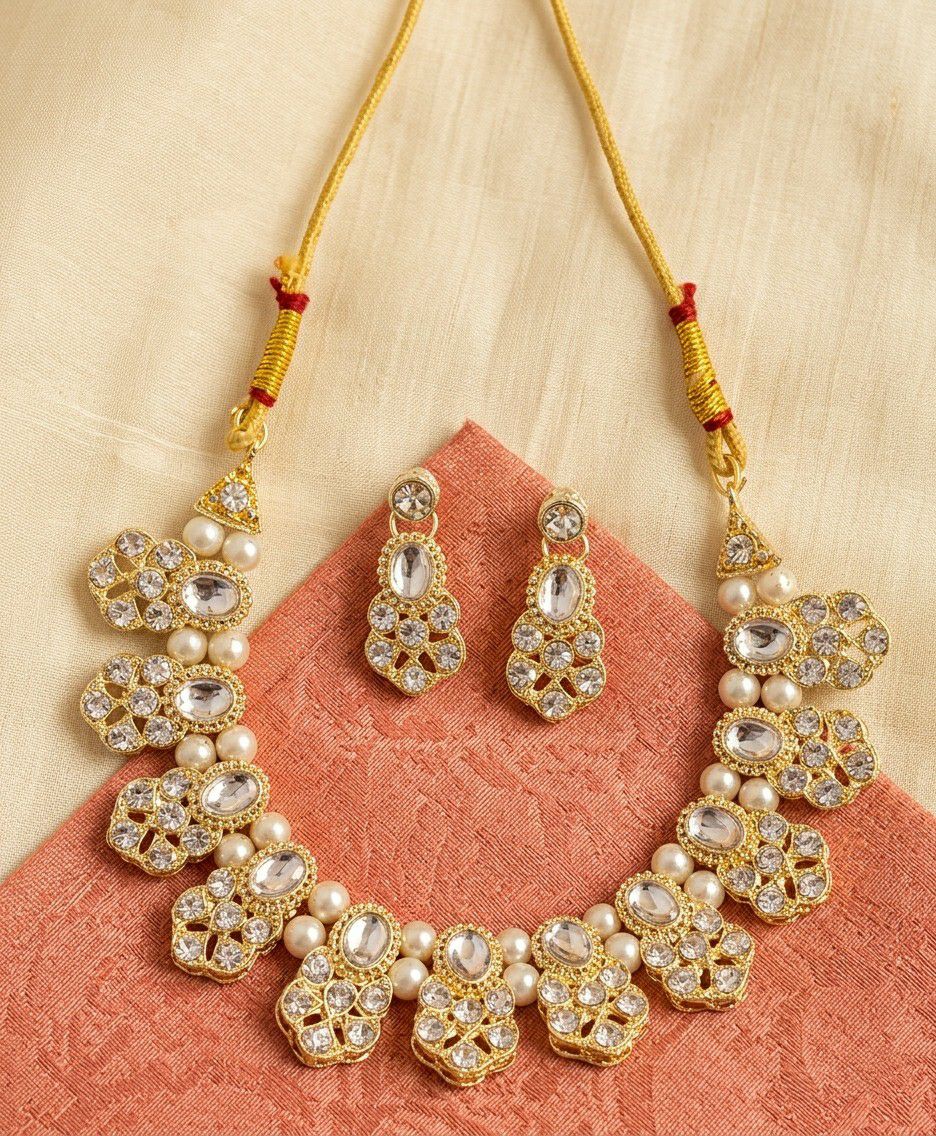 Matte Gold Plated American Diamond Bridal Necklace Set for Women | Adjustable Big Necklace with Earrings | Traditional Wedding Jewellery | N-14