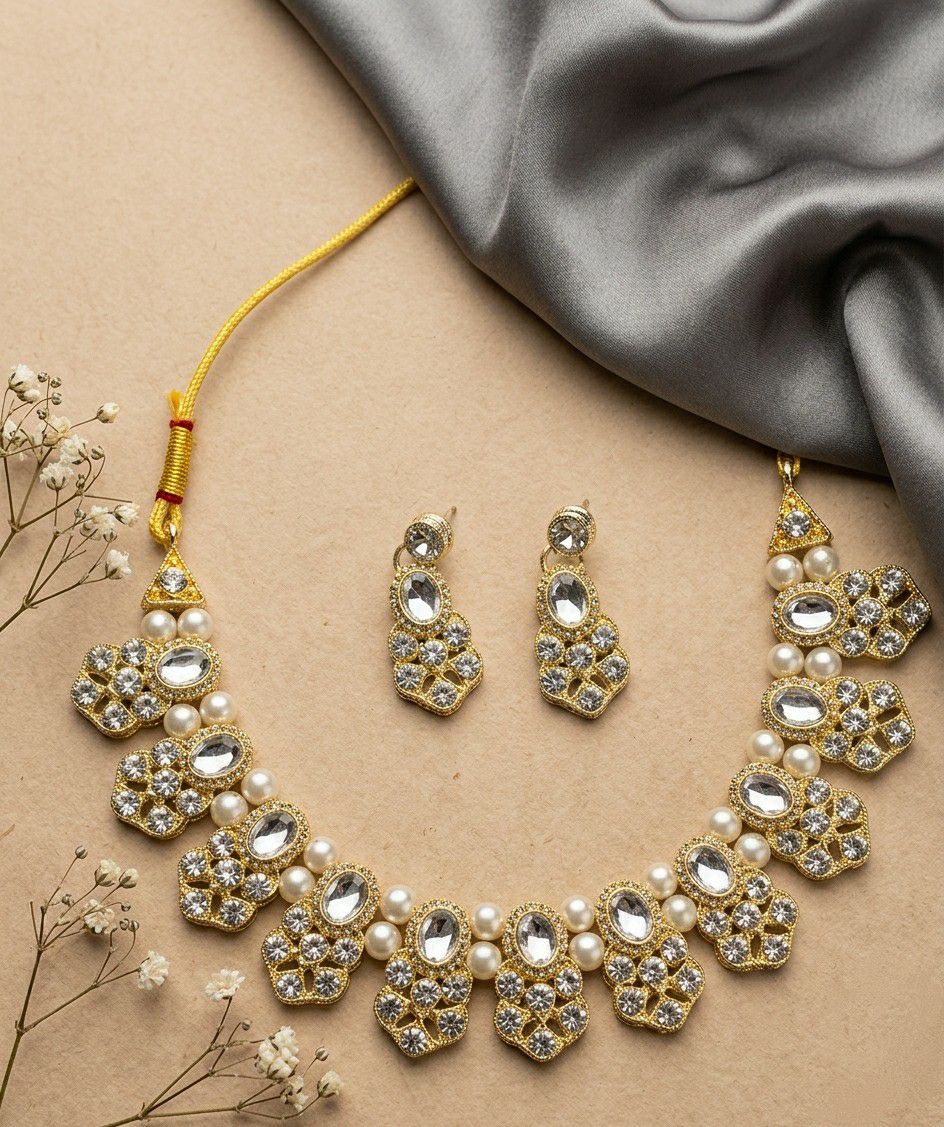 Matte Gold Plated American Diamond Bridal Necklace Set for Women | Adjustable Big Necklace with Earrings | Traditional Wedding Jewellery | N-14