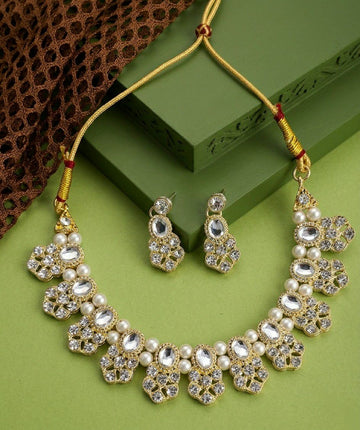 Matte Gold Plated American Diamond Bridal Necklace Set for Women | Adjustable Big Necklace with Earrings | Traditional Wedding Jewellery | N-14