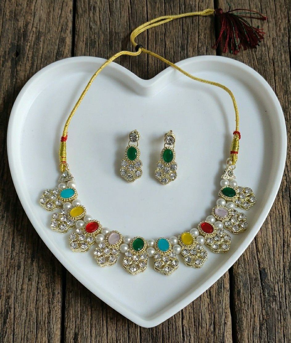 Gold Plated Matte American Diamond Necklace Set for Women | Adjustable Bridal Necklace with Earrings | Multicolor Party Wear Jewellery | N-20