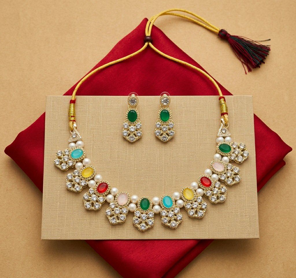 Gold Plated Matte American Diamond Necklace Set for Women | Adjustable Bridal Necklace with Earrings | Multicolor Party Wear Jewellery | N-20