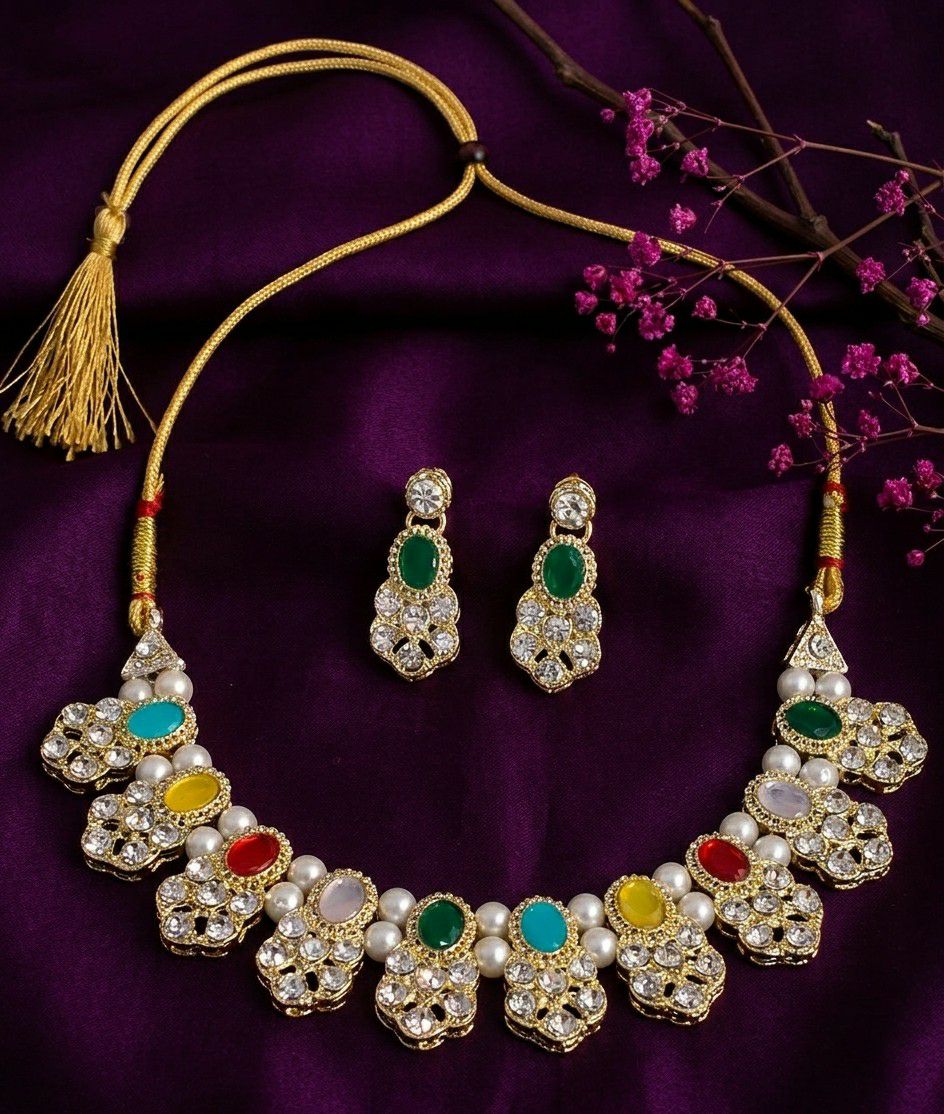Gold Plated Matte American Diamond Necklace Set for Women | Adjustable Bridal Necklace with Earrings | Multicolor Party Wear Jewellery | N-20