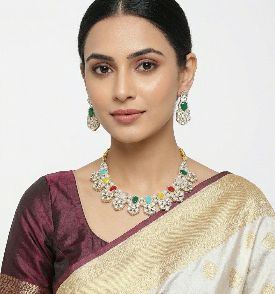 Gold Plated Matte American Diamond Necklace Set for Women | Adjustable Bridal Necklace with Earrings | Multicolor Party Wear Jewellery | N-20