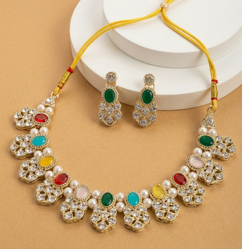 Gold Plated Matte American Diamond Necklace Set for Women | Adjustable Bridal Necklace with Earrings | Multicolor Party Wear Jewellery | N-20