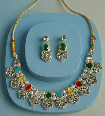 Gold Plated Matte American Diamond Necklace Set for Women | Adjustable Bridal Necklace with Earrings | Multicolor Party Wear Jewellery | N-20