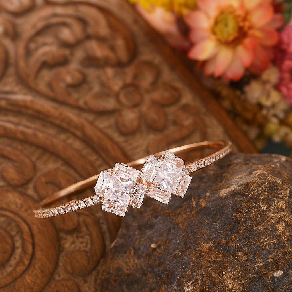 Rose Gold Plated American Diamond Adjustable Bracelet for Women | Free Size Brass & Steel Bracelet | B-10