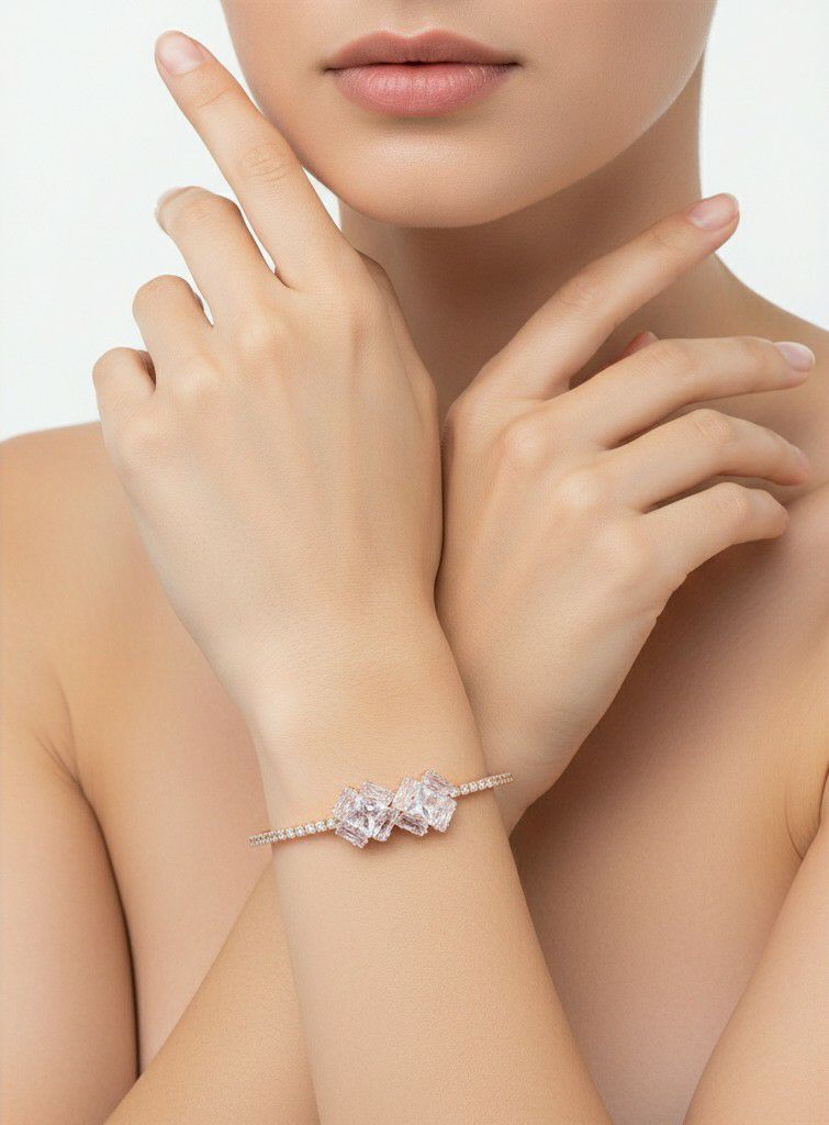 Rose Gold Plated American Diamond Adjustable Bracelet for Women | Free Size Brass & Steel Bracelet | B-10