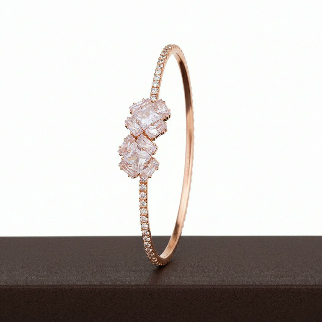 Rose Gold Plated American Diamond Adjustable Bracelet for Women | Free Size Brass & Steel Bracelet | B-10