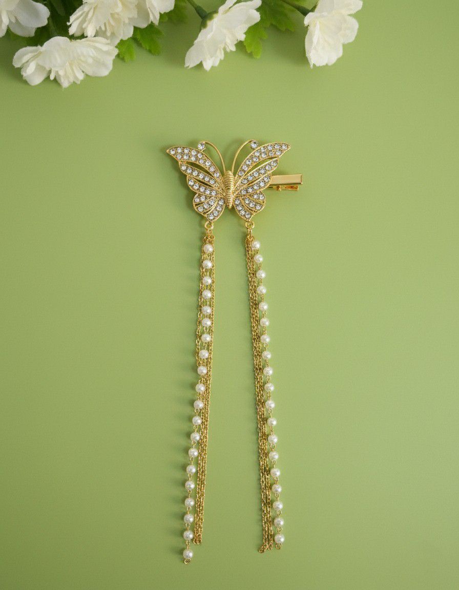 Gold Plated Butterfly Hair Clip for Women | Big AD Stone Metal Hair Pin | Long Hair Styling Accessory | H-6