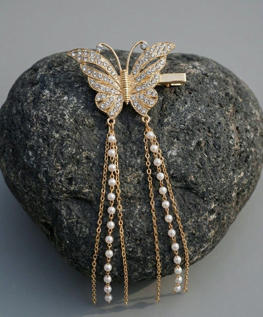 Gold Plated Butterfly Hair Clip for Women | Big AD Stone Metal Hair Pin | Long Hair Styling Accessory | H-6