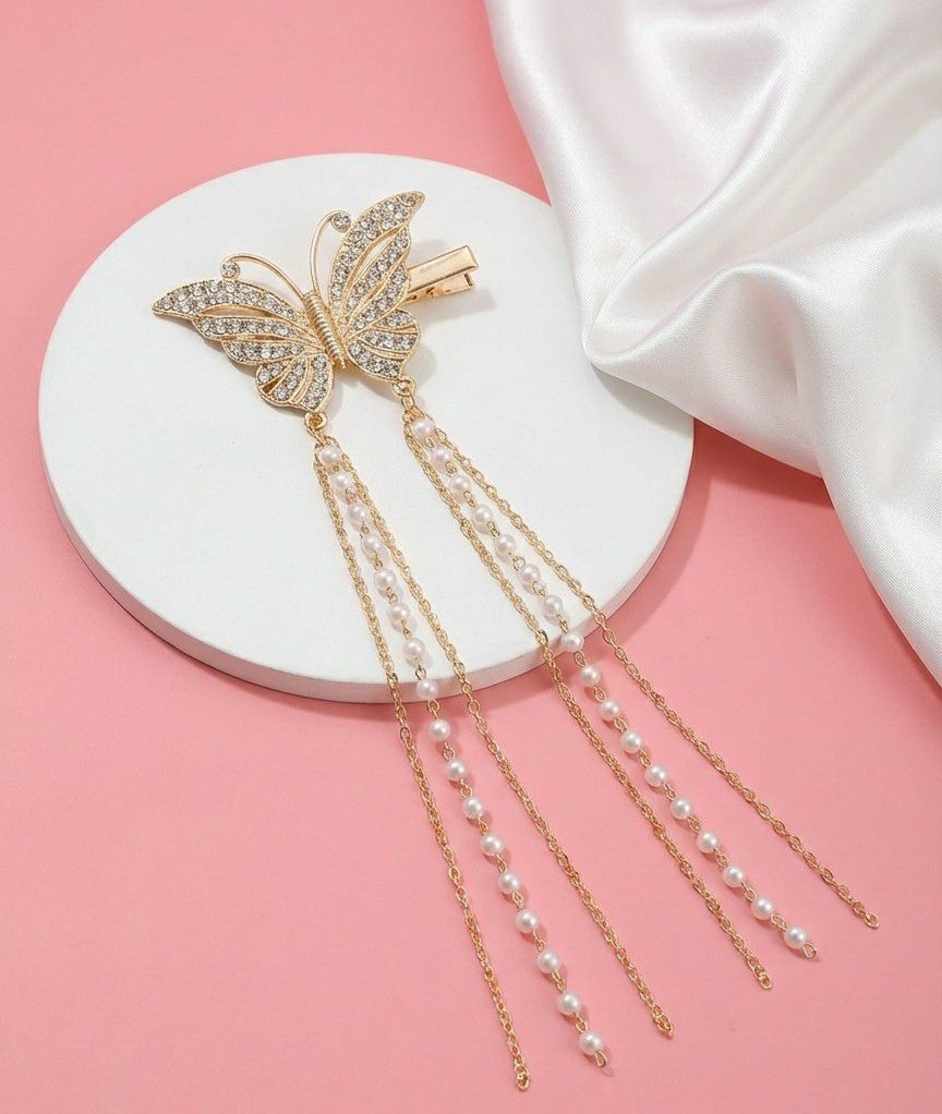 Gold Plated Butterfly Hair Clip for Women | Big AD Stone Metal Hair Pin | Long Hair Styling Accessory | H-6