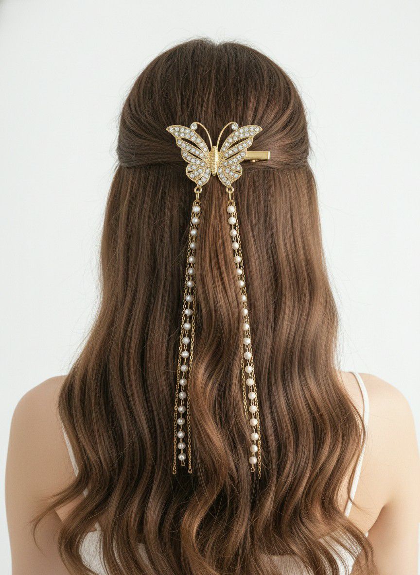 Gold Plated Butterfly Hair Clip for Women | Big AD Stone Metal Hair Pin | Long Hair Styling Accessory | H-6