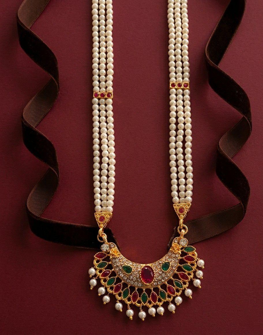 Gold Plated American Diamond Meenakari Necklace for Women | Adjustable Maharashtrian Moti Necklace | Traditional Jewellery | N-21