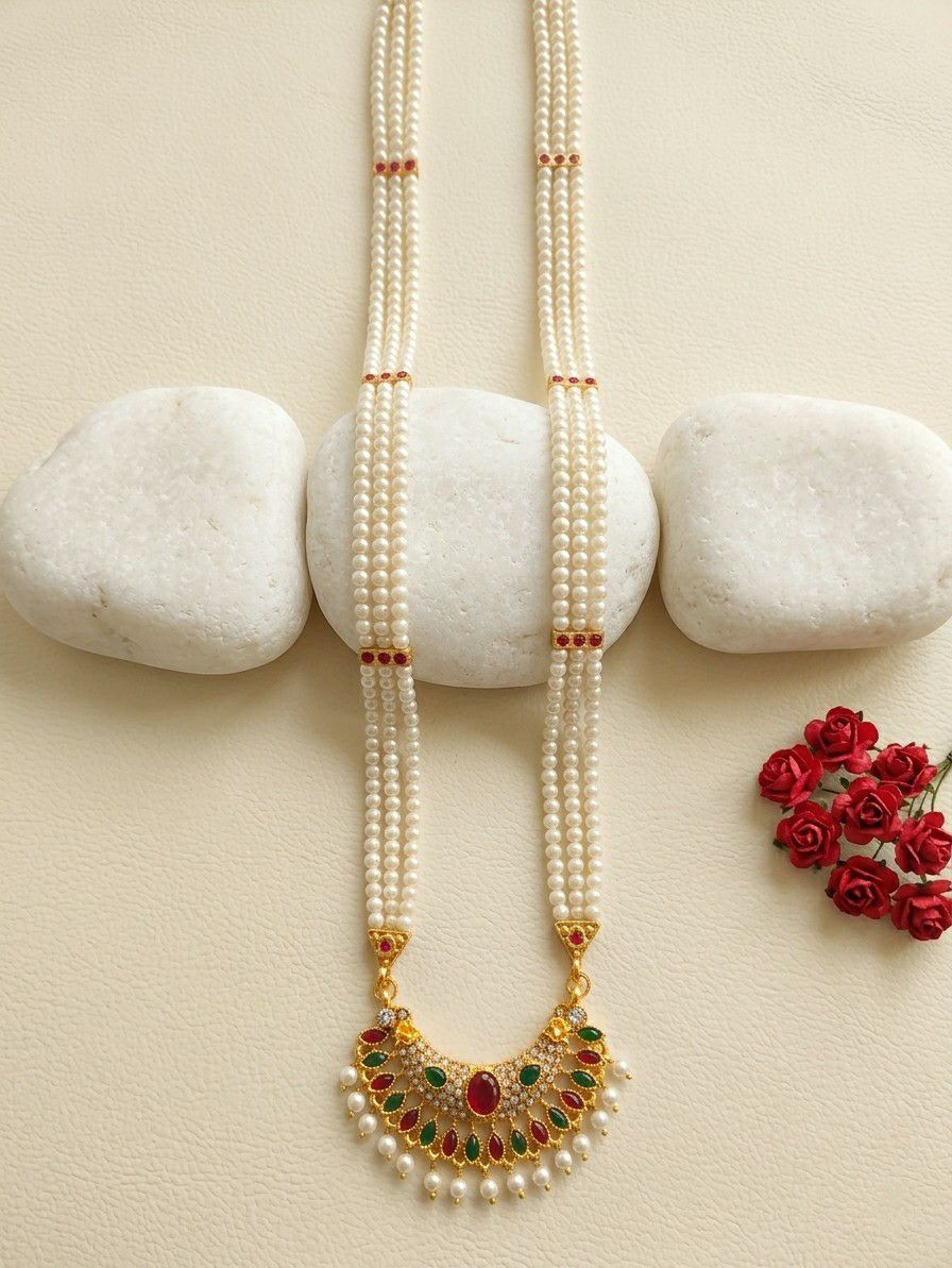 Gold Plated American Diamond Meenakari Necklace for Women | Adjustable Maharashtrian Moti Necklace | Traditional Jewellery | N-21