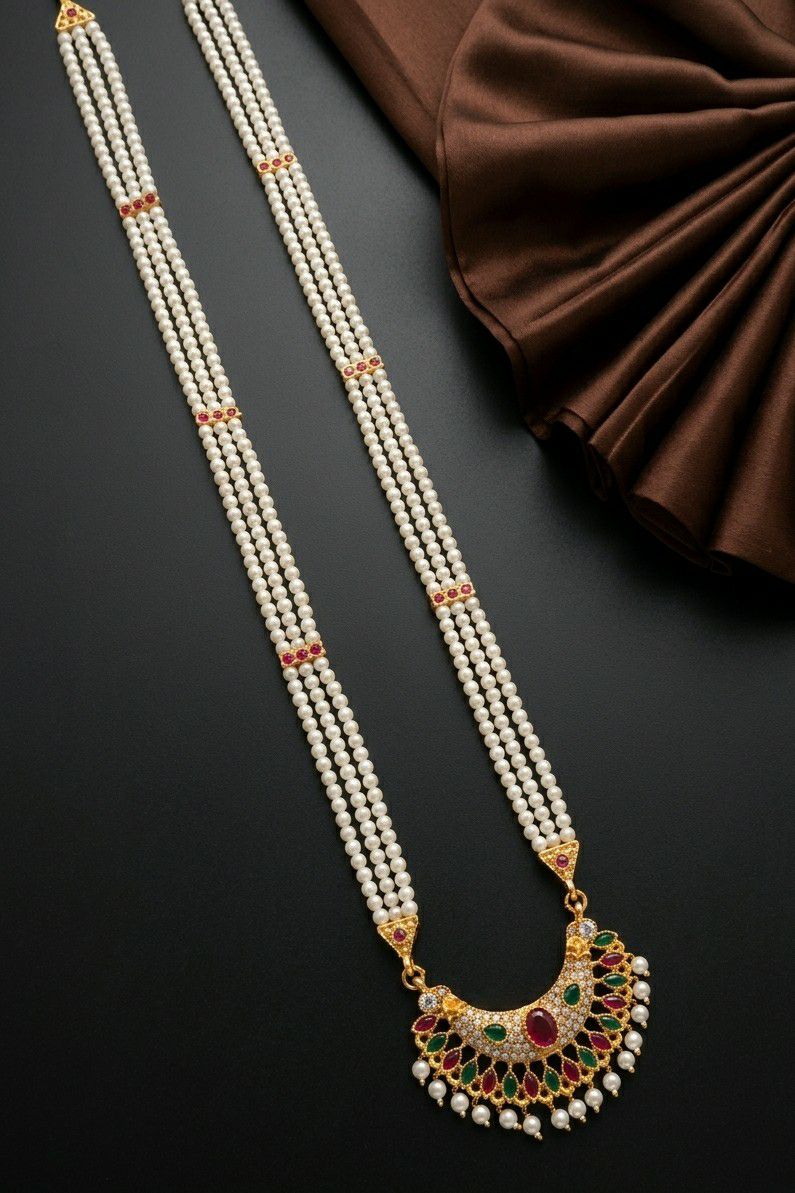 Gold Plated American Diamond Meenakari Necklace for Women | Adjustable Maharashtrian Moti Necklace | Traditional Jewellery | N-21