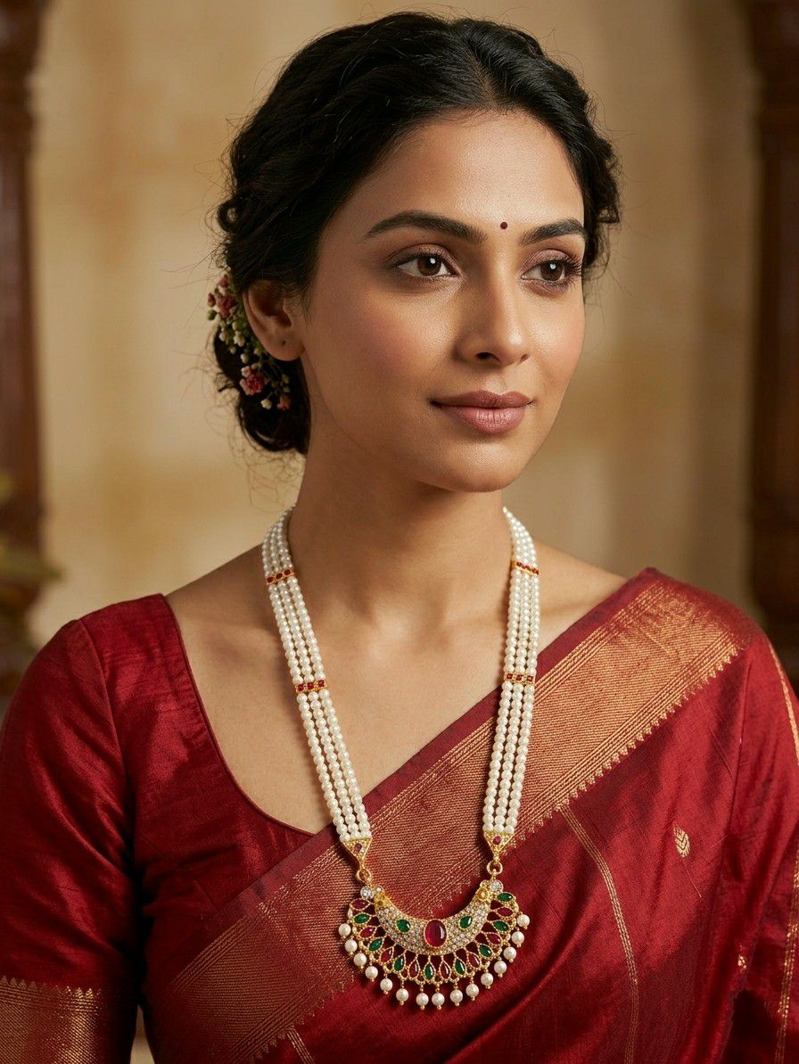 Gold Plated American Diamond Meenakari Necklace for Women | Adjustable Maharashtrian Moti Necklace | Traditional Jewellery | N-21