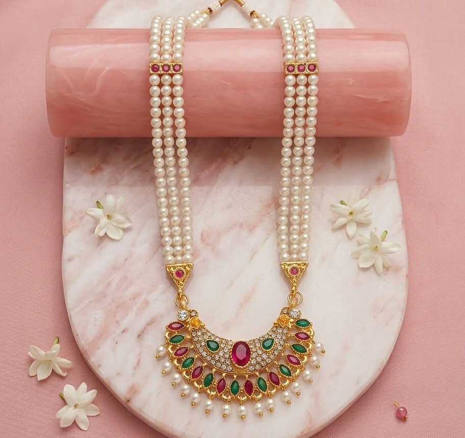 Gold Plated American Diamond Meenakari Necklace for Women | Adjustable Maharashtrian Moti Necklace | Traditional Jewellery | N-21