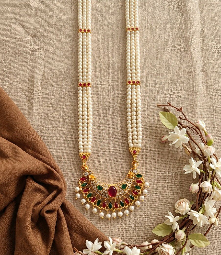 Gold Plated American Diamond Meenakari Necklace for Women | Adjustable Maharashtrian Moti Necklace | Traditional Jewellery | N-21