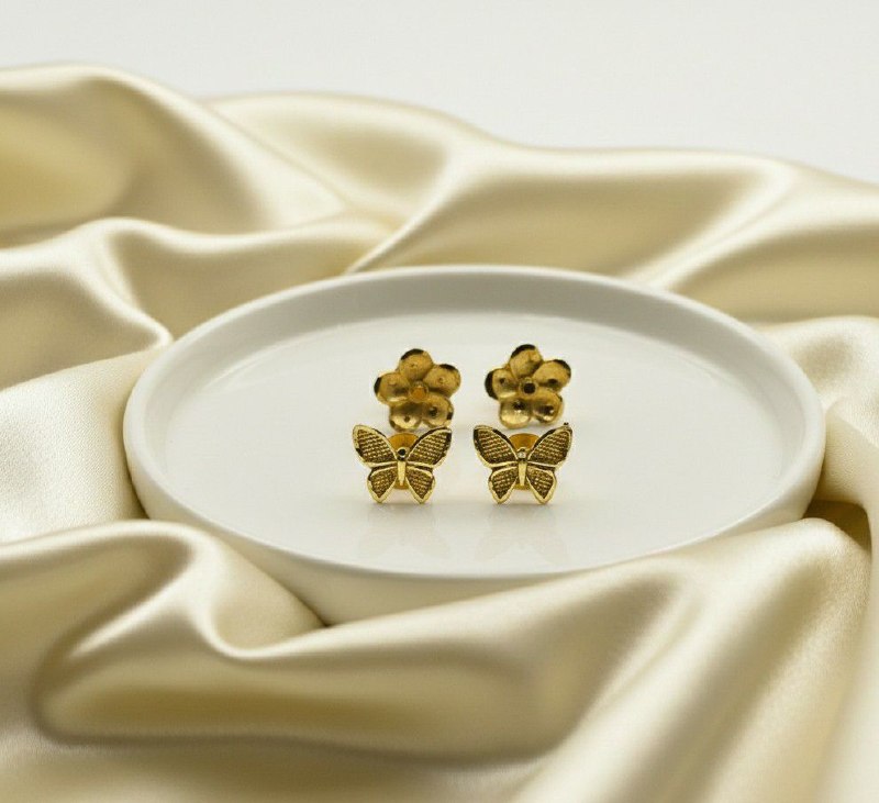 Gold Plated Flower Stud Earrings for Women & Girls | Minimal Small Brass Stud Earrings | Pack of 2 Pairs (4 Pieces) | EA-39