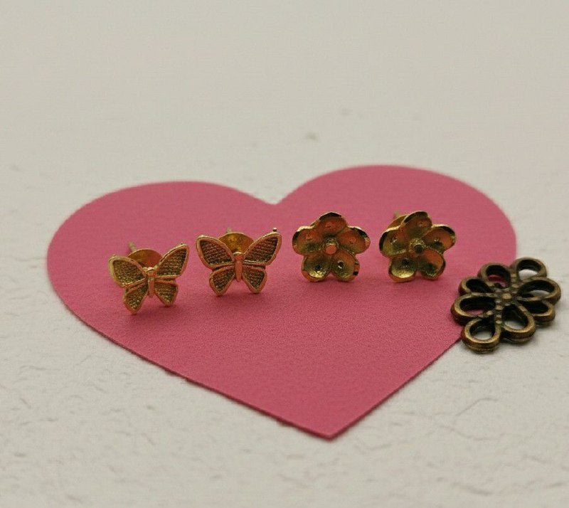 Gold Plated Flower Stud Earrings for Women & Girls | Minimal Small Brass Stud Earrings | Pack of 2 Pairs (4 Pieces) | EA-39
