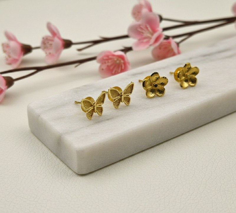 Gold Plated Flower Stud Earrings for Women & Girls | Minimal Small Brass Stud Earrings | Pack of 2 Pairs (4 Pieces) | EA-39
