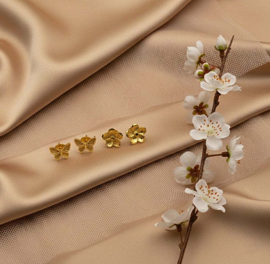 Gold Plated Flower Stud Earrings for Women & Girls | Minimal Small Brass Stud Earrings | Pack of 2 Pairs (4 Pieces) | EA-39