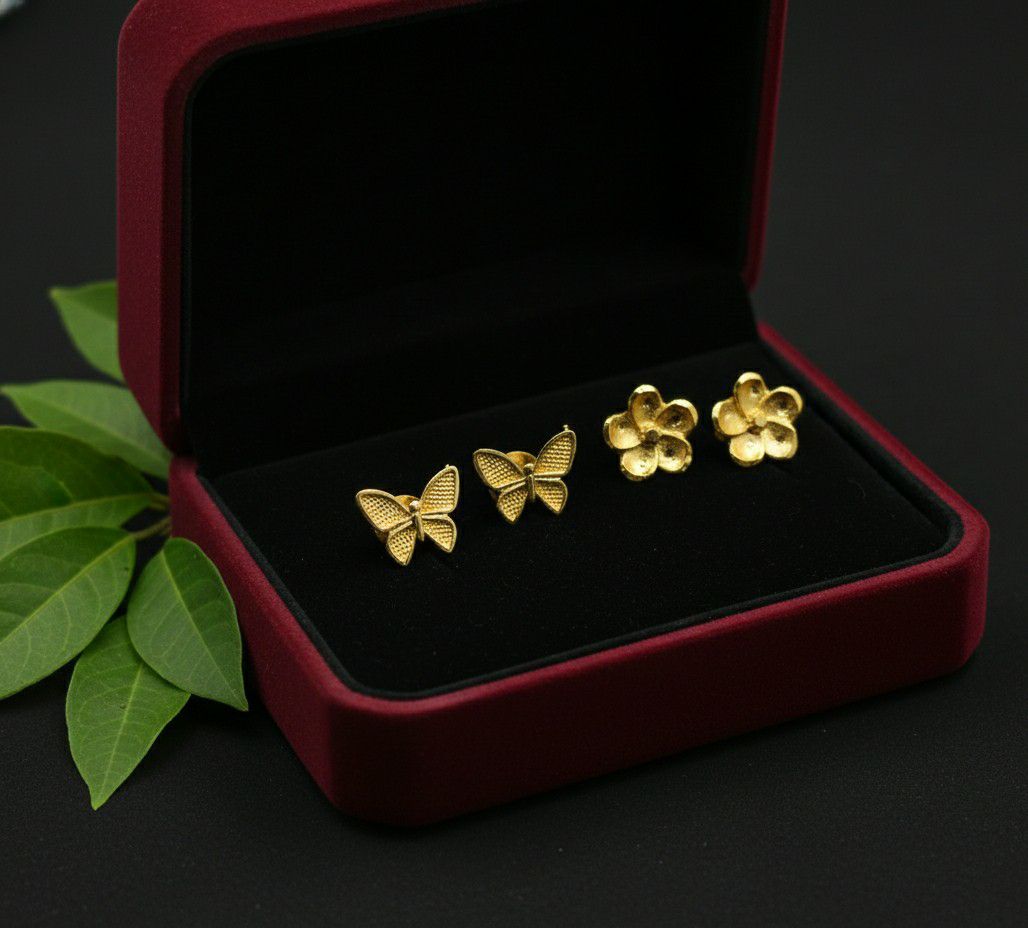 Gold Plated Flower Stud Earrings for Women & Girls | Minimal Small Brass Stud Earrings | Pack of 2 Pairs (4 Pieces) | EA-39