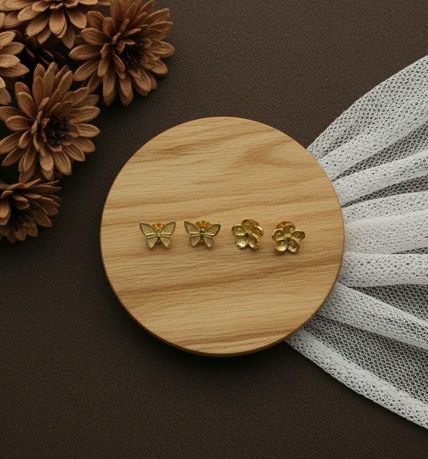 Gold Plated Flower Stud Earrings for Women & Girls | Minimal Small Brass Stud Earrings | Pack of 2 Pairs (4 Pieces) | EA-39