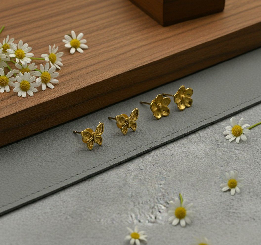 Gold Plated Flower Stud Earrings for Women & Girls | Minimal Small Brass Stud Earrings | Pack of 2 Pairs (4 Pieces) | EA-39