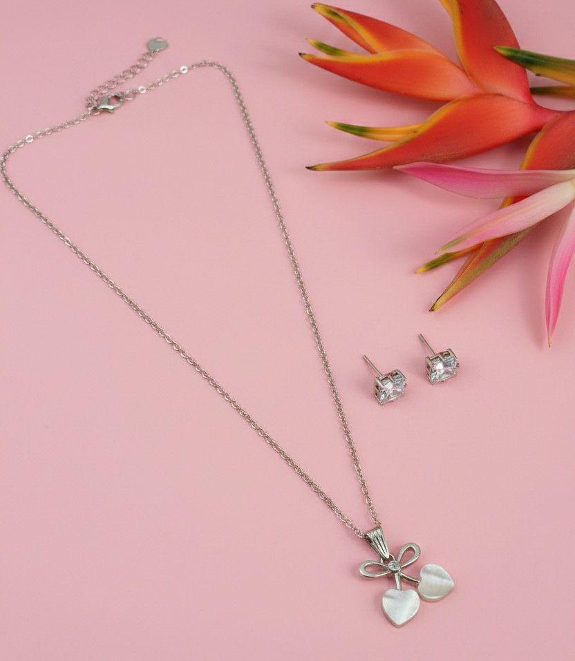 Silver Plated American Diamond Pendant Chain Set for Women | Stylish Chain with Earrings | Brass & Copper Jewellery | CP-52