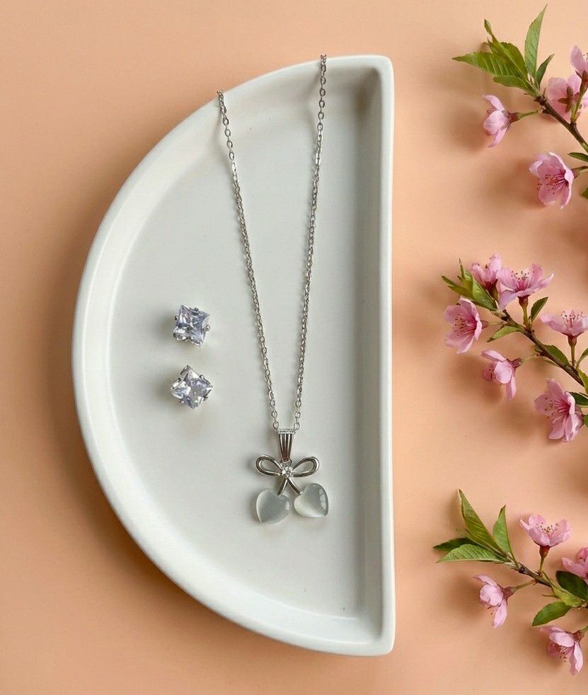 Silver Plated American Diamond Pendant Chain Set for Women | Stylish Chain with Earrings | Brass & Copper Jewellery | CP-52