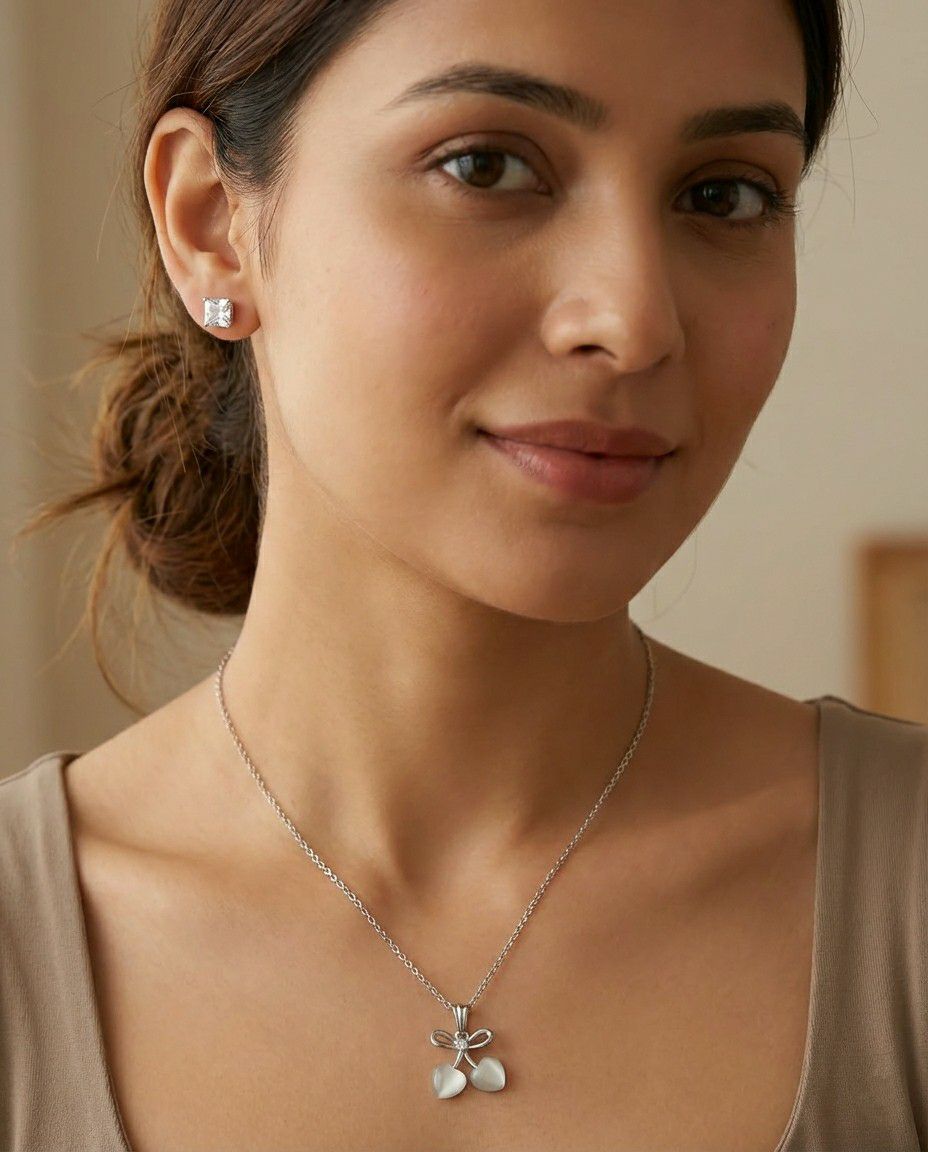 Silver Plated American Diamond Pendant Chain Set for Women | Stylish Chain with Earrings | Brass & Copper Jewellery | CP-52