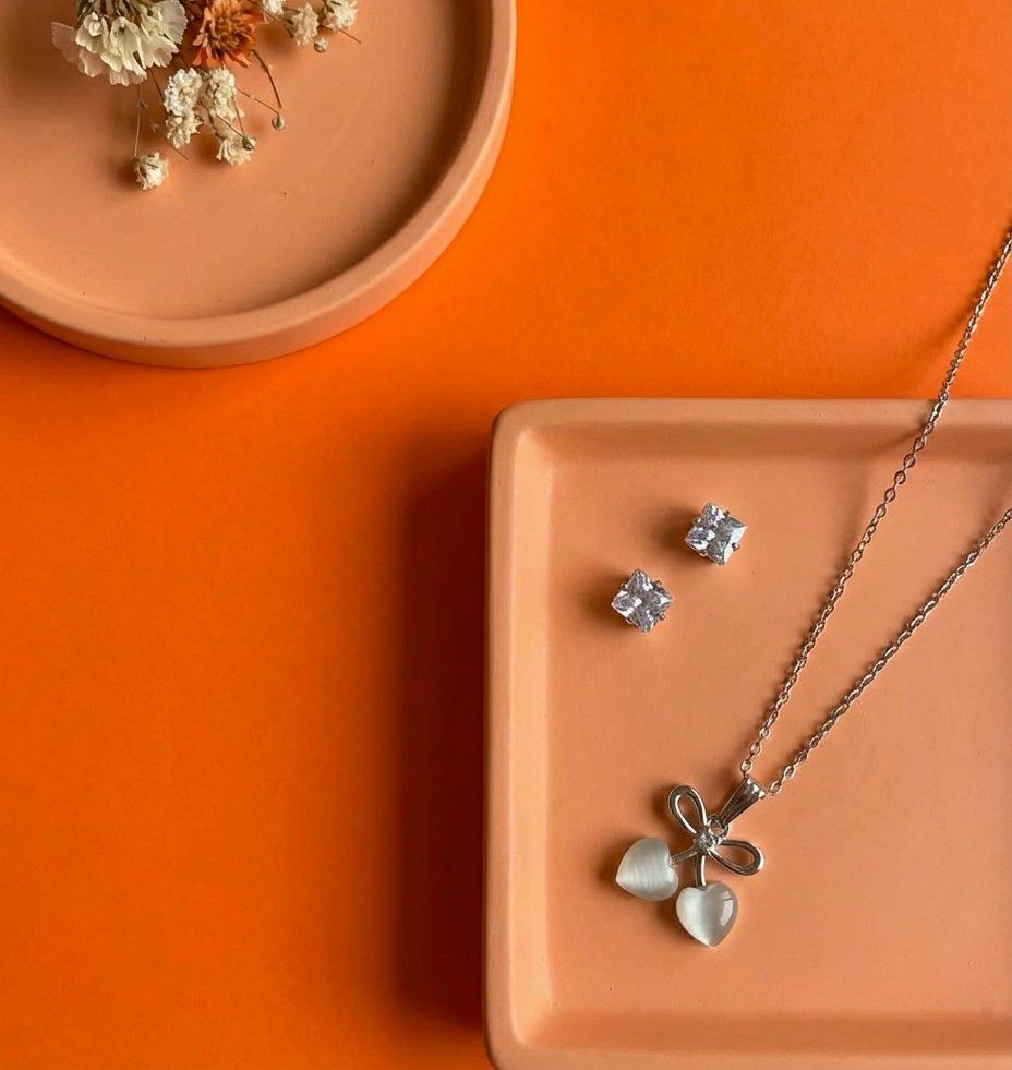 Silver Plated American Diamond Pendant Chain Set for Women | Stylish Chain with Earrings | Brass & Copper Jewellery | CP-52