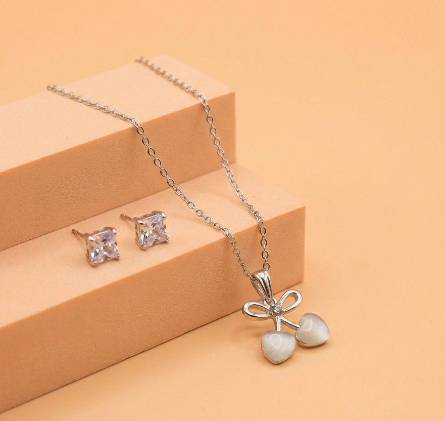 Silver Plated American Diamond Pendant Chain Set for Women | Stylish Chain with Earrings | Brass & Copper Jewellery | CP-52
