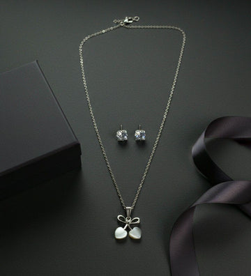 Silver Plated American Diamond Pendant Chain Set for Women | Stylish Chain with Earrings | Brass & Copper Jewellery | CP-52