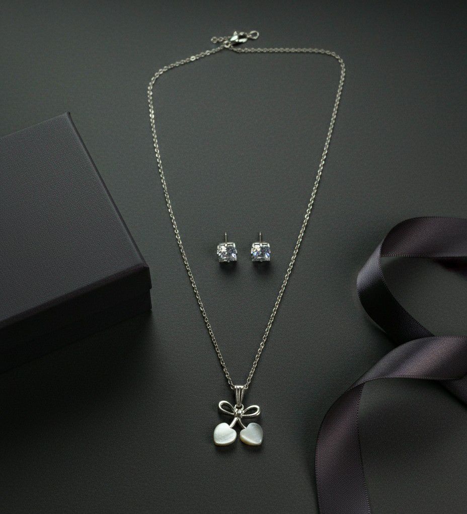 Silver Plated American Diamond Pendant Chain Set for Women | Stylish Chain with Earrings | Brass & Copper Jewellery | CP-52