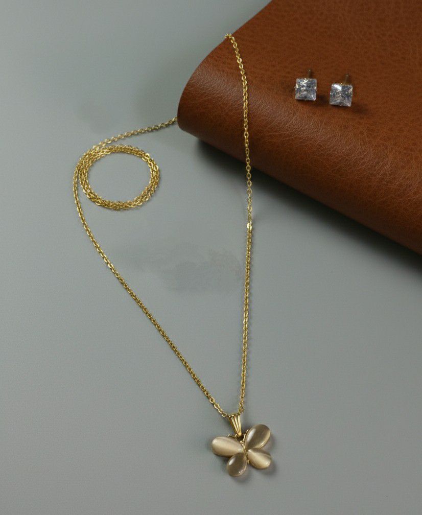 Gold Plated Butterfly Pendant Chain Set for Women | American Diamond Necklace with Earrings | Brass & Copper Jewellery | CP-53
